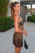 Leopard Print Lace Trim Eyelash Lace Hem Spaghetti Strap Slip Mini Dress