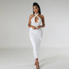 Halter Keyhole Ruched Stripe Texture Bodycon Maxi Dress