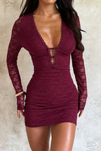 Floral Lace Deep V-Neck Cut Out Long Sleeve Bodycon Mini Dress