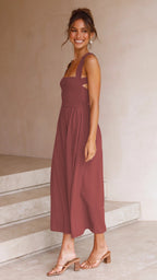 Casual Red Cotton A-Line Midi Dress