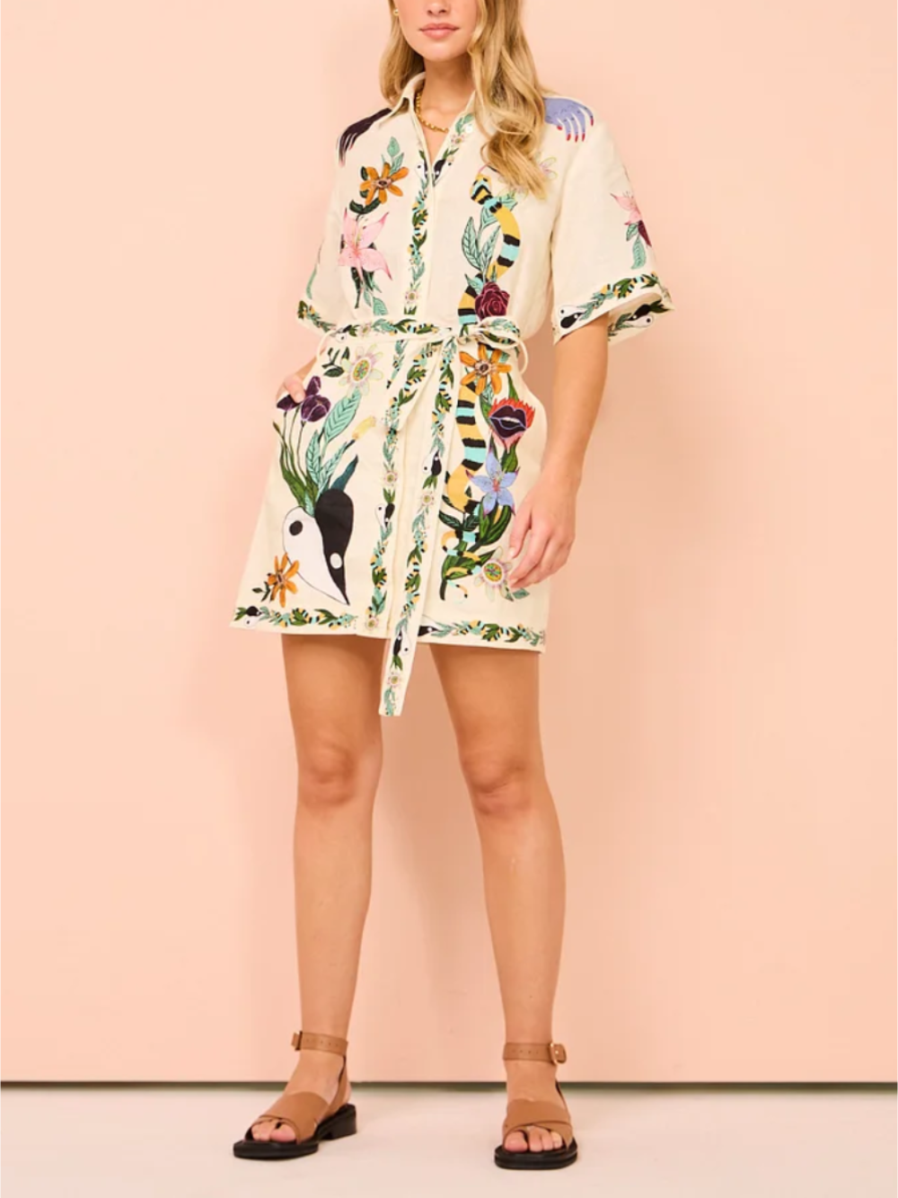 Whimsical Botanical Print Collared Button Front Tie Waist Mini Shirt Dress