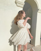 Off Shoulder Polka Dot Smocked Waist Puff Sleeve Ruffle Mini Dress