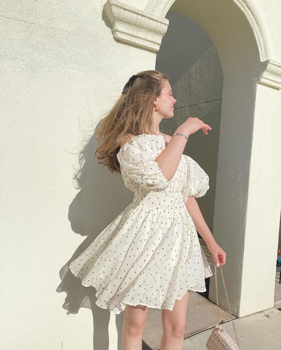 Off Shoulder Polka Dot Smocked Waist Puff Sleeve Ruffle Mini Dress