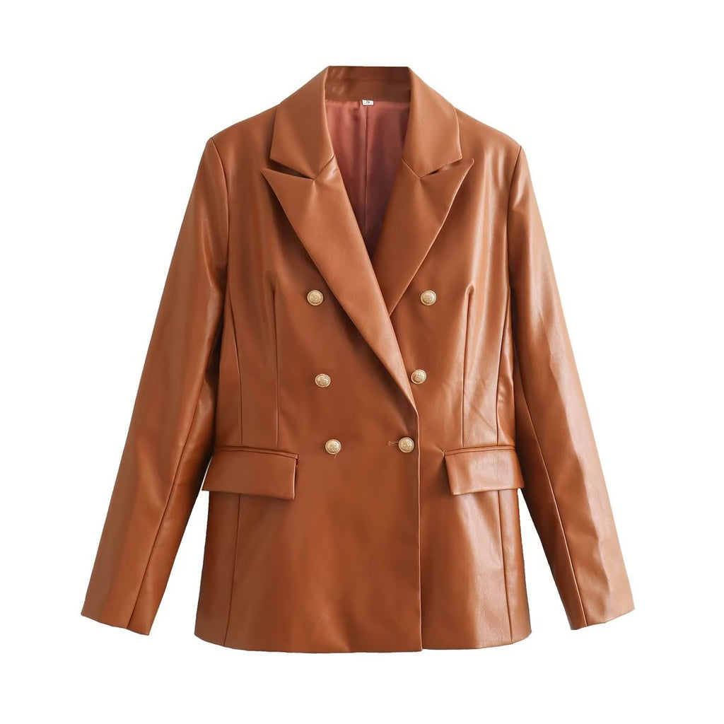 Faux Leather Double Breasted Blazer Loose Faux Leather