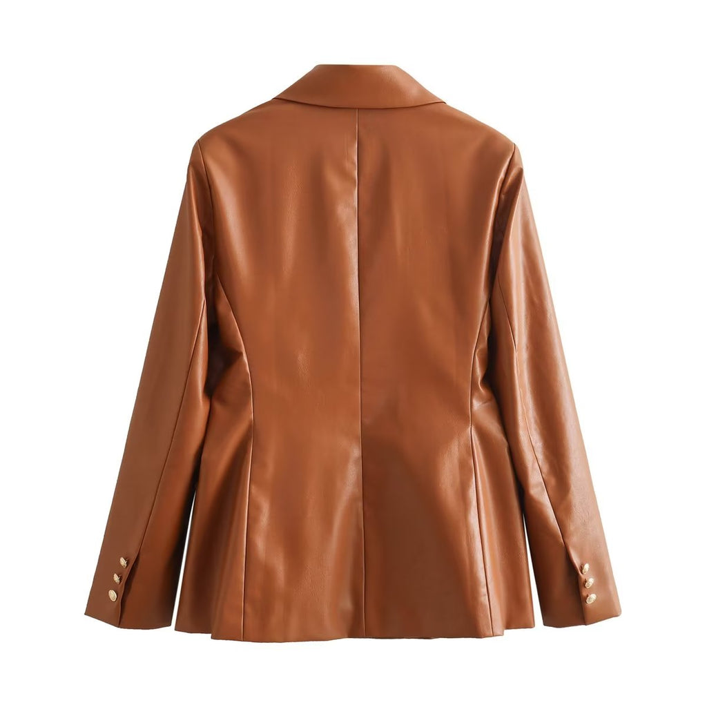 Faux Leather Double Breasted Blazer Loose Faux Leather