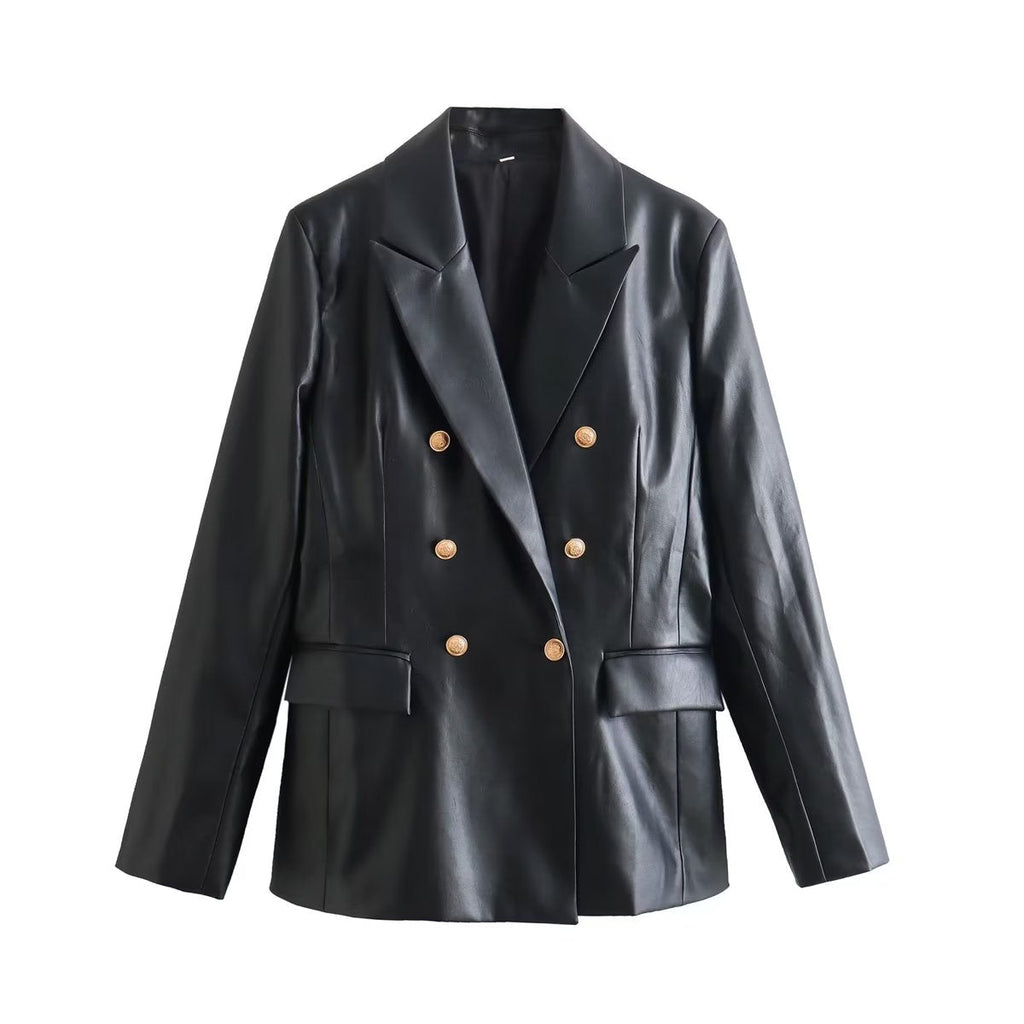 Faux Leather Double Breasted Blazer Loose Faux Leather