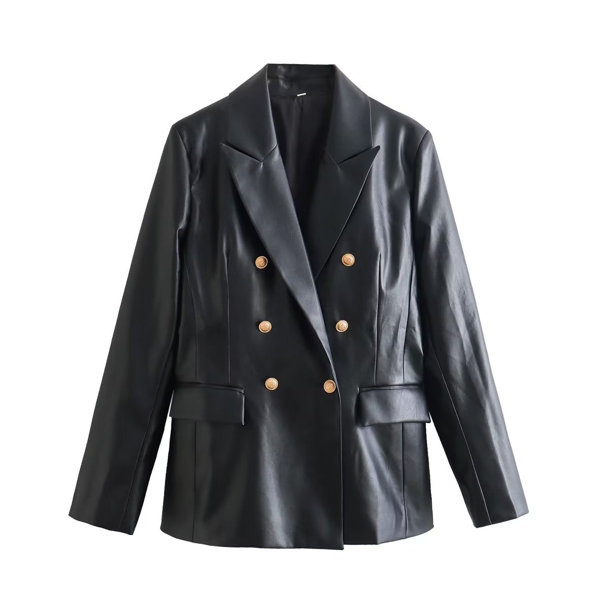 Faux Leather Double Breasted Blazer Loose Faux Leather