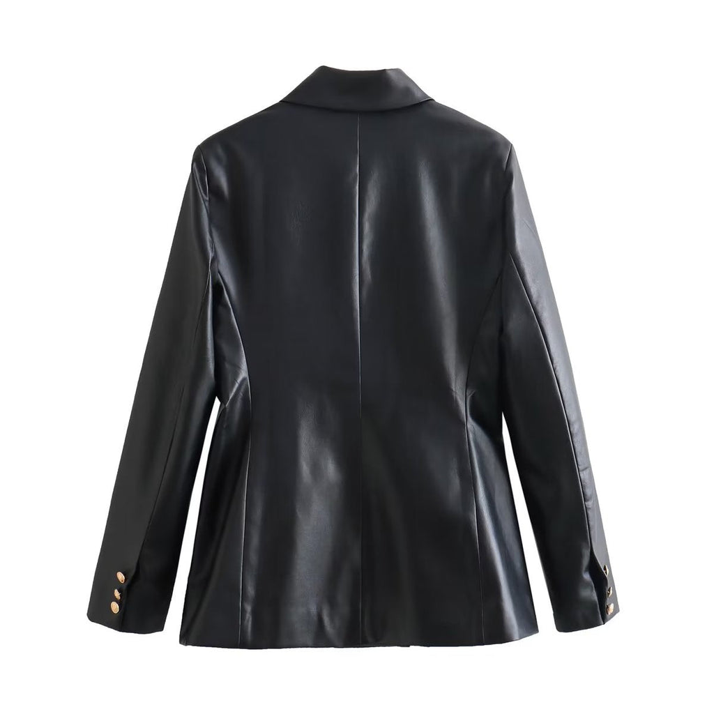 Faux Leather Double Breasted Blazer Loose Faux Leather