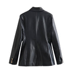 Faux Leather Double Breasted Blazer Loose Faux Leather