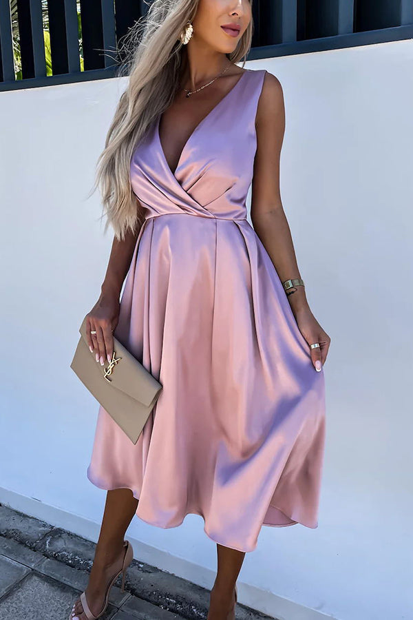 Satin Wrap V-Neck Ruched Waist Fit and Flare Midi Dress