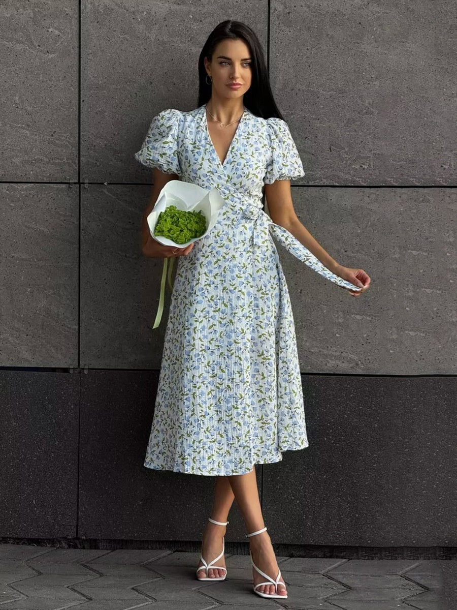 Pure Cotton Bandage Wrap-up Puff Sleeve Printed Comfort Maxi Dresses