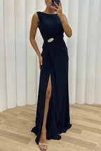Renata Premium Pretty Special Evening Maxi Dress with Pleated Embellished Slit Statement Occasion Edit