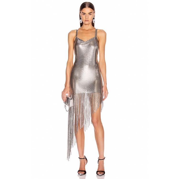 Sequin Mesh Spaghetti Strap Asymmetrical Fringe Bodycon Mini Dress