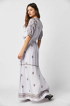 Trendy Cotton Embroidered Lace Up Maxi