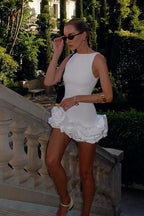 Sleeveless Boat Neck Ruched Ruffle Hem Mini Dress
