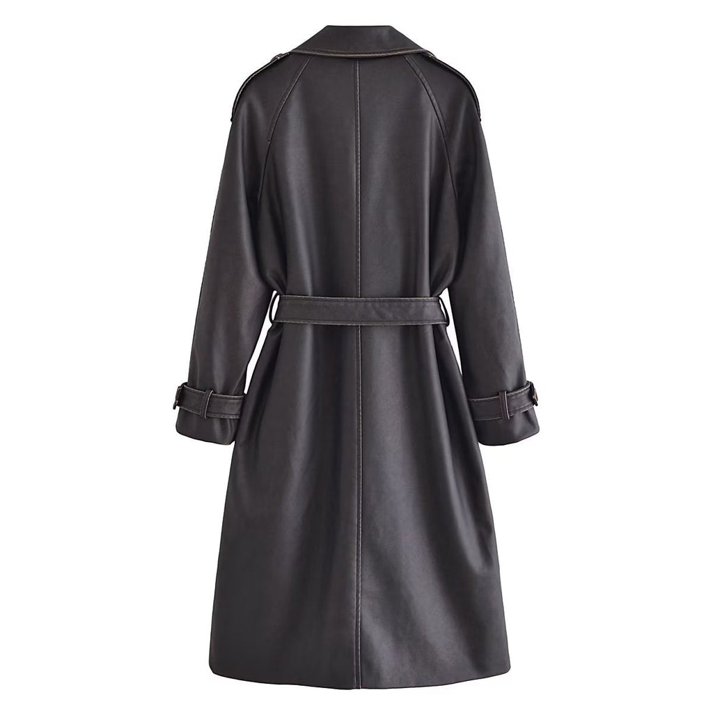Faux Leather Distressed Trench Coat