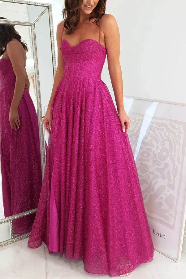 Glitter Cowl Neck Corset Bodice Spaghetti Strap Pleated High Split Pocketed Maxi Gown