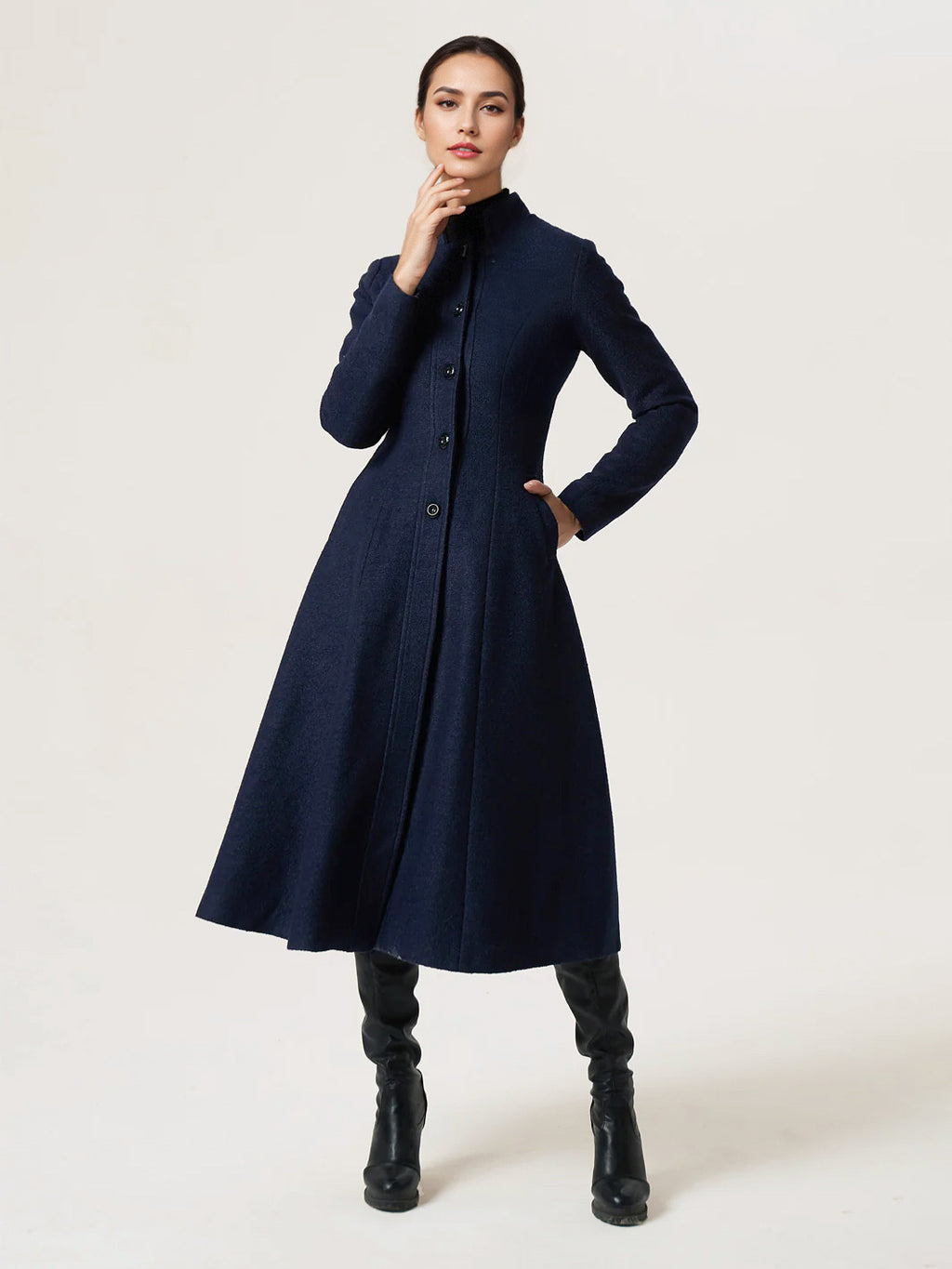 Woolen Flared Coat For Woman Stand Collar A-line Elegant Dark Navy Winter Midi Outerwear 2026