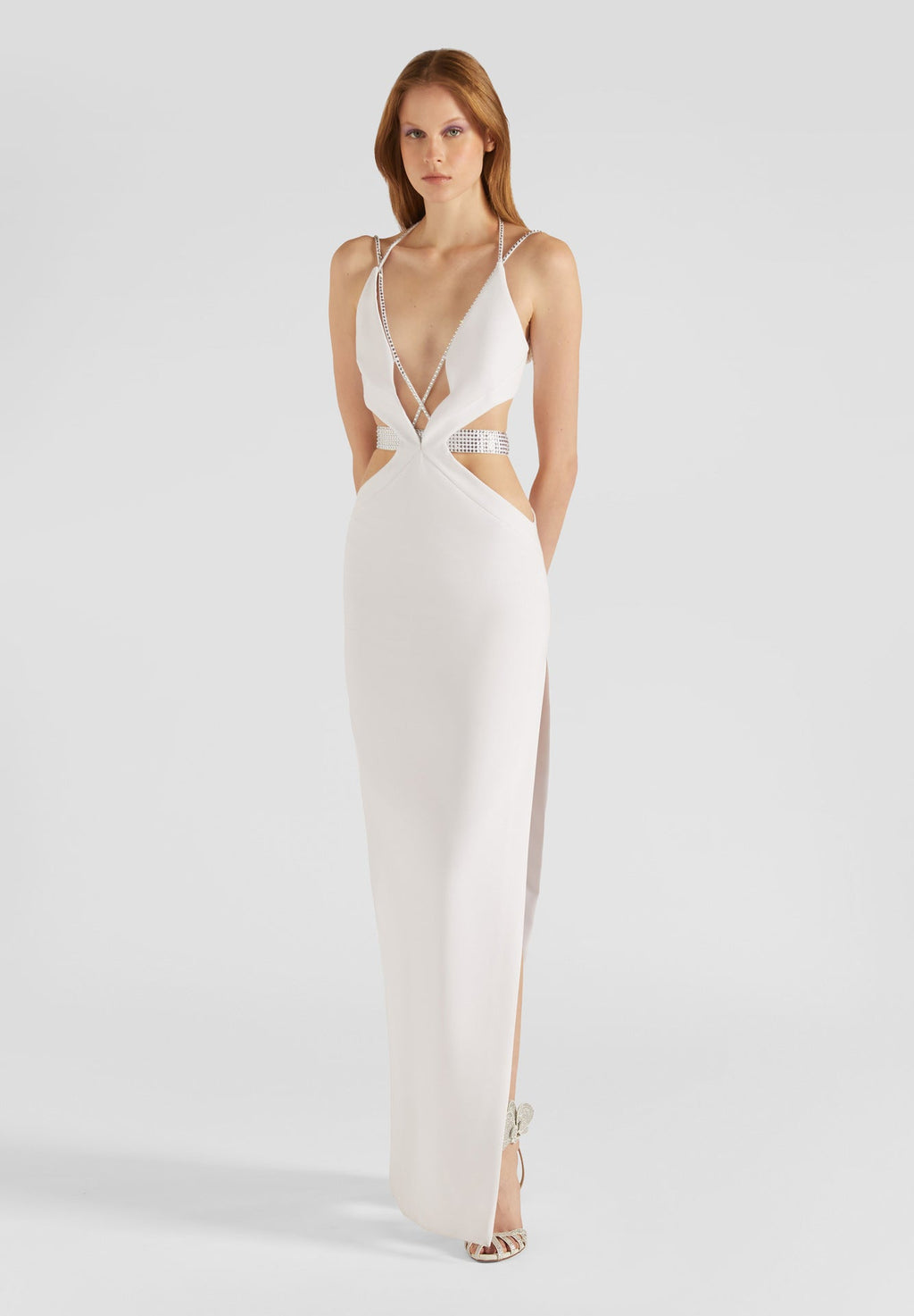 Rhinestone Strap Deep V-Neck Waist Cut Out High Split Bandage Maxi Dress