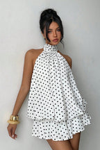 Halter High Neck Tiered Ruffle Polka Dot Romper Dress