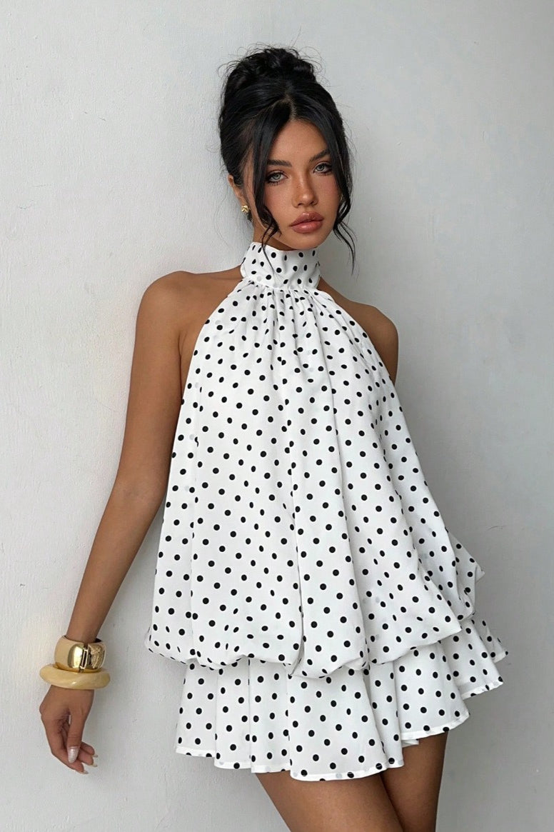 Halter High Neck Tiered Ruffle Polka Dot Romper Dress