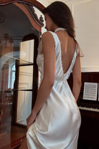 Satin Wide Strap V-Neck Lace Trim Empire Waist Bias Cut Slip Midi Dress