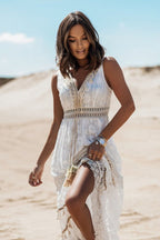 Lace Crochet Deep V-Neck Empire Waist Tiered High Split Maxi Dress