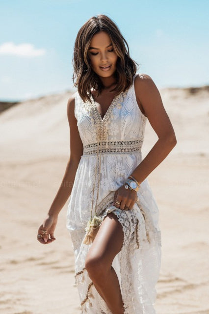 Lace Crochet Deep V-Neck Empire Waist Tiered High Split Maxi Dress