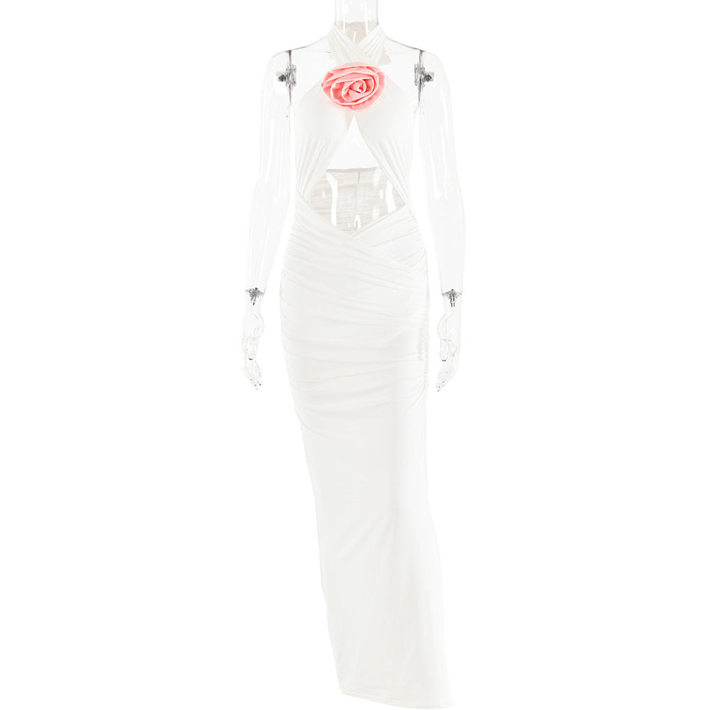 Halter Neck Rosette Applique Ruched Keyhole Cutout Bodycon Maxi Dress