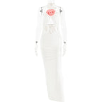 Halter Neck Rosette Applique Ruched Keyhole Cutout Bodycon Maxi Dress