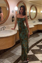 Green Spaghetti Strap V Neck Backless Floral Print Bodycon Maxi Dress