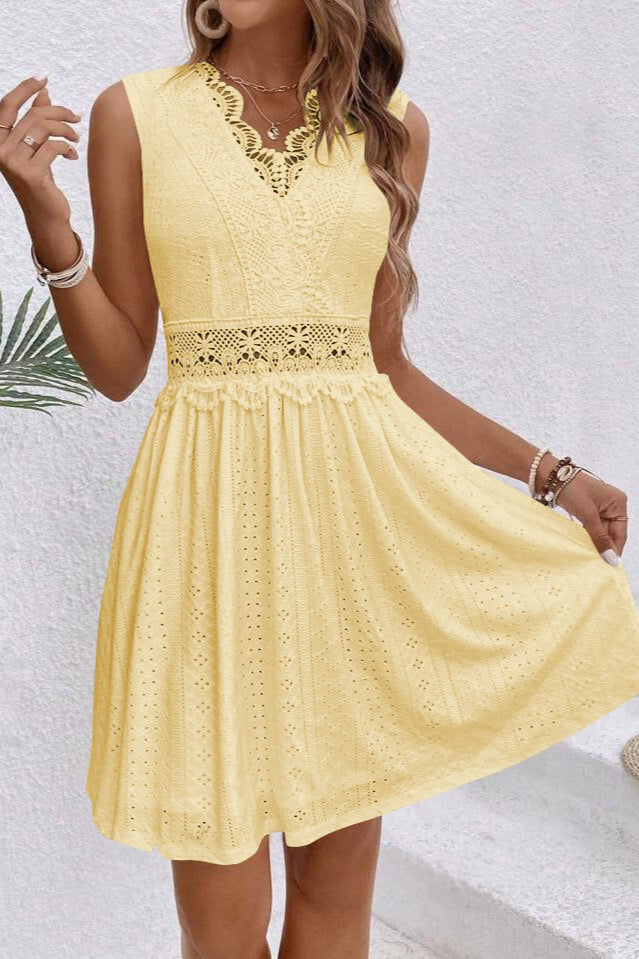 Deep V Neck Crochet Lace Waistband Eyelet Panel A-Line Mini Dress