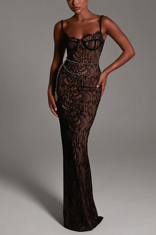 Floral Lace Bustier Sweetheart Spaghetti Strap Mermaid Maxi Dress