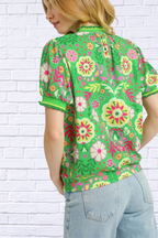 Vibrant Floral Puff Sleeve Blouse _ Green