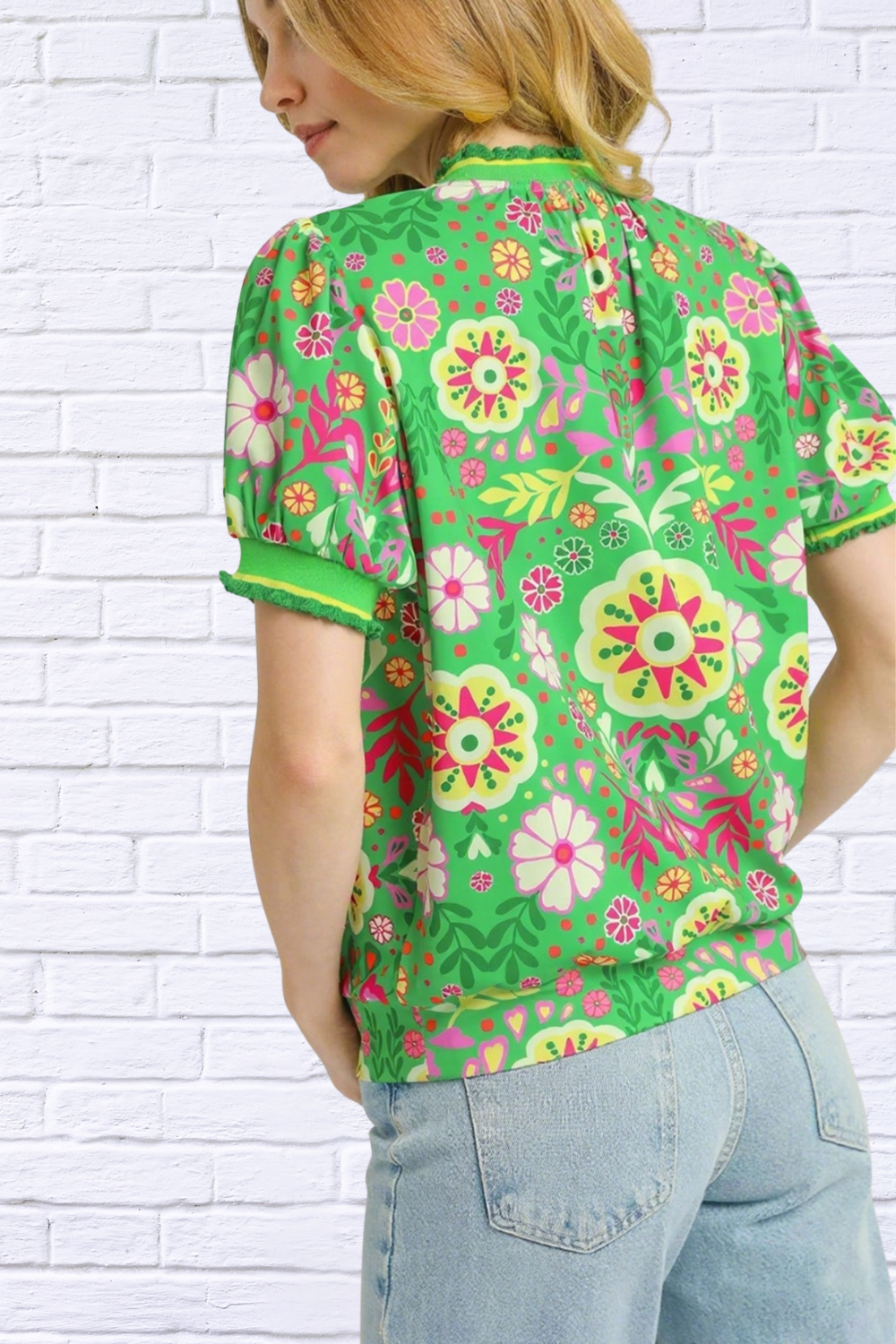 Vibrant Floral Puff Sleeve Blouse _ Green