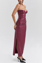 Strapless Sweetheart Ruched Faux Leather Bodycon Maxi Gown