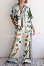 Deep Sea Dreaming Satin Unique Print Short Sleeve Shirt and Elastic Waist Pocketed Pants Set