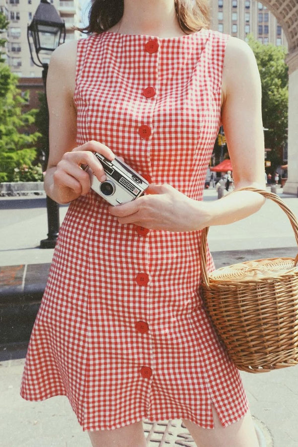 Retro Plaid Print Sleeveless Round Neck Button Casual Mini Dress