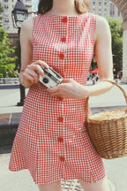 Retro Plaid Print Sleeveless Round Neck Button Casual Mini Dress