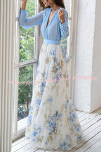 Plant Print V-neck Long Sleeve Elegant Stitching Maxi Dress