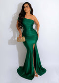 Satin One Shoulder Ruched High Split Mermaid Maxi Formal Gown