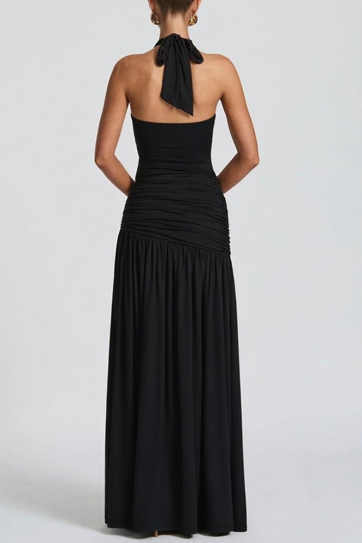 Halter Deep V Neck Seashell Hardware Ruched High Slit Maxi Dress