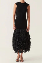 Sleeveless Crew Neck Fitted Bodice Fringe Panel Midi Cocktail Dress
