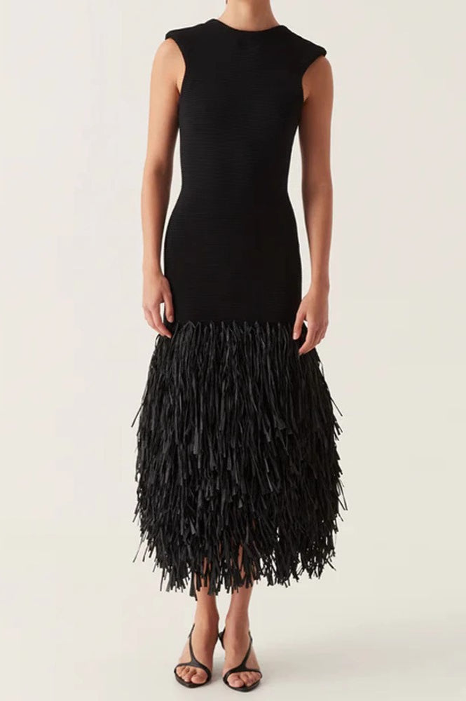 Sleeveless Crew Neck Fitted Bodice Fringe Panel Midi Cocktail Dress