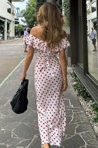 Polka Dot Ruffle Neck Cap Sleeve Bodycon Maxi Summer Dress