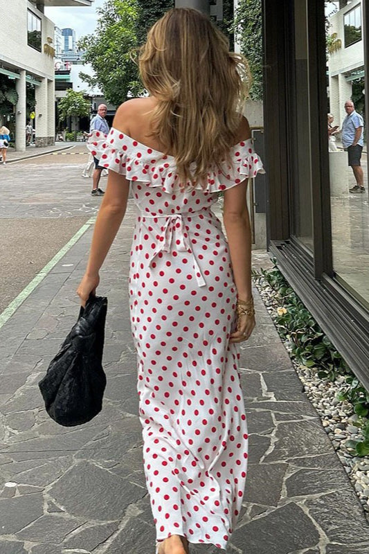 White Polka Dot Cami A-Line Ruffled Maxi Dress