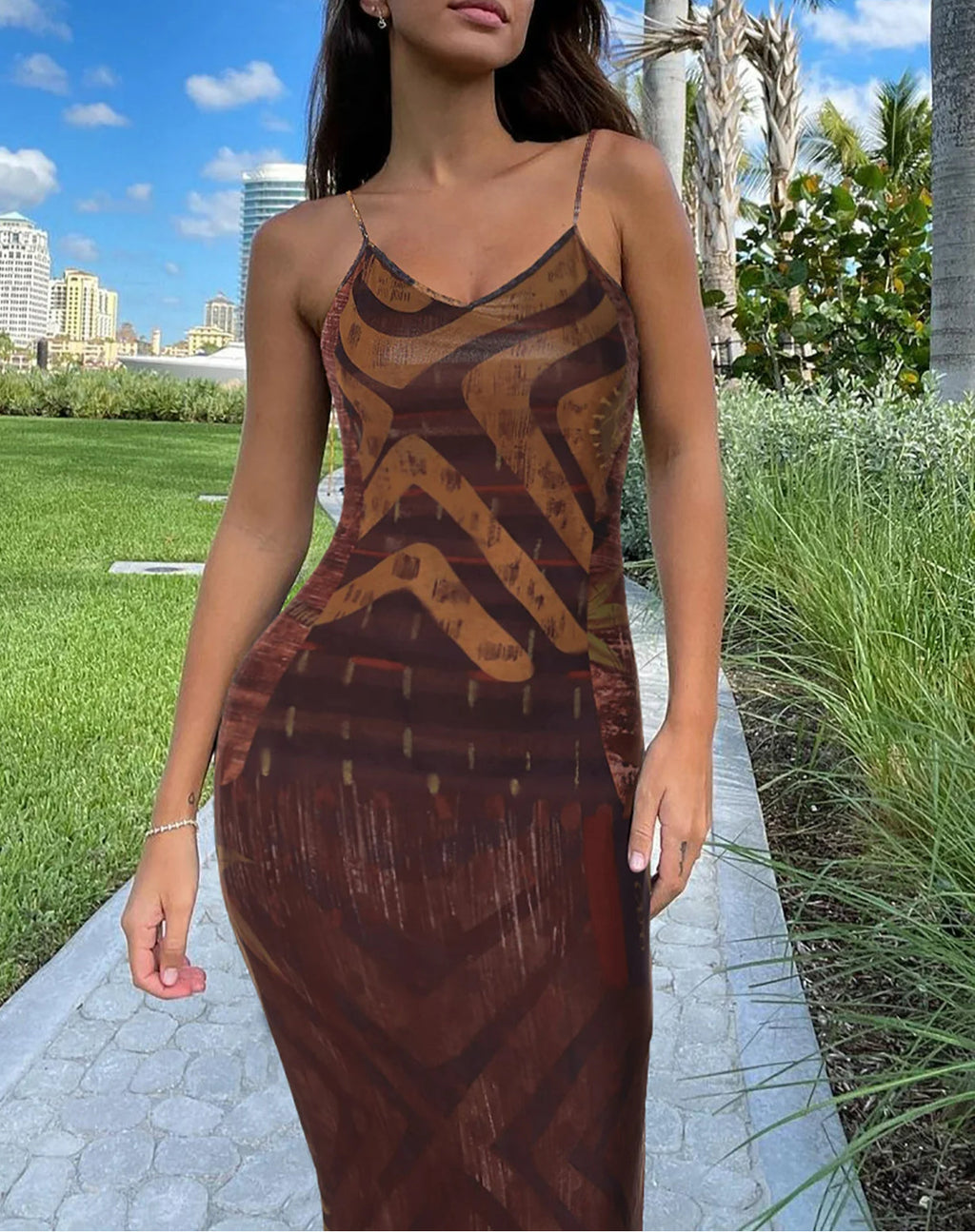 Tribal Print Spaghetti Strap V-Neck Bodycon Maxi Dress