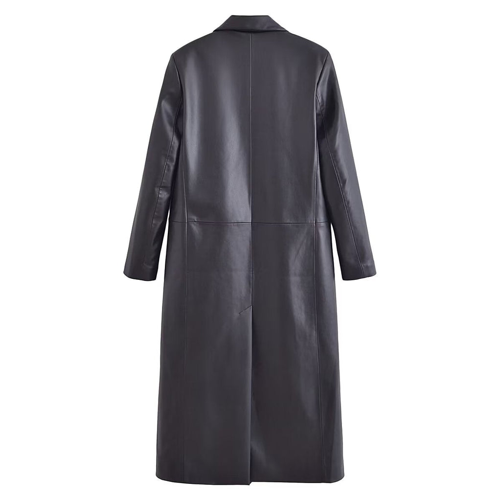 Faux Leather Long Sleeve Overcoat
