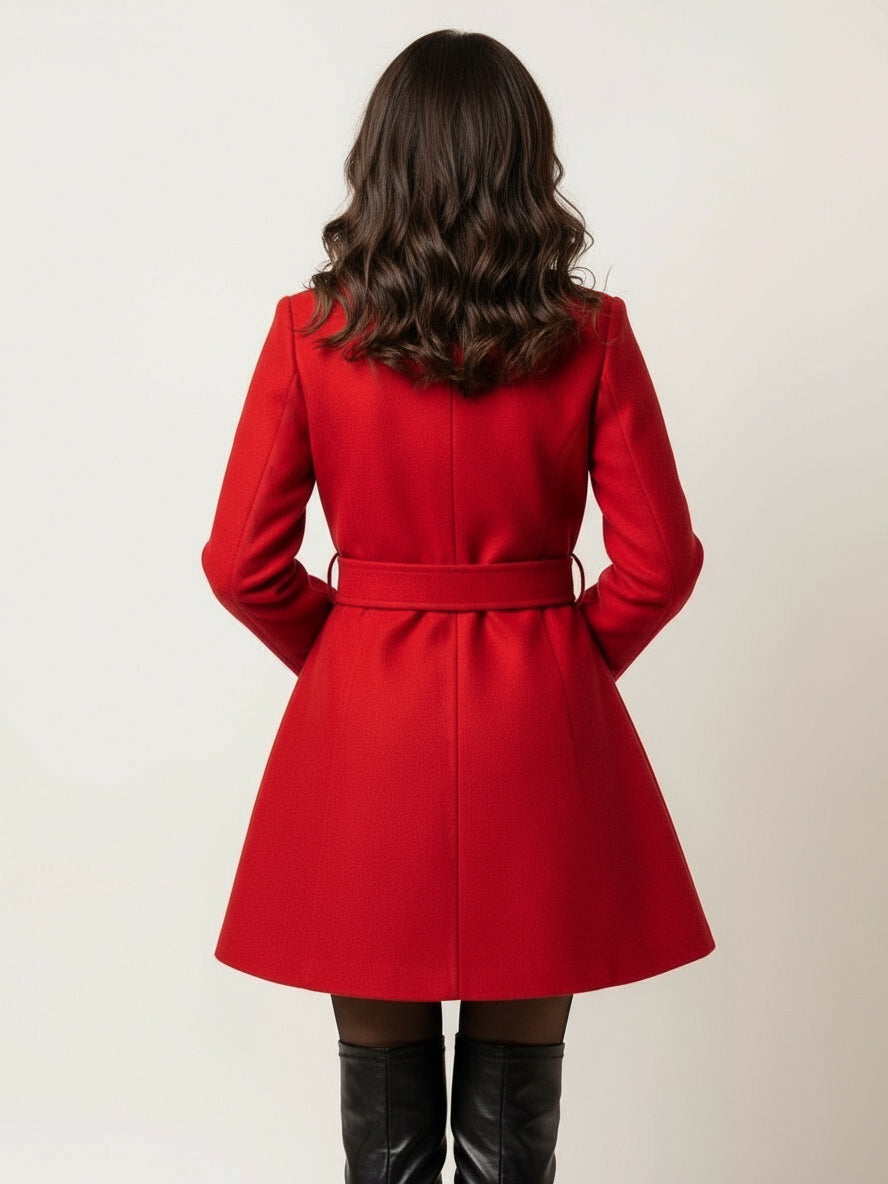 Red Wool-Blend Flare Coat With Belt For Women 2026