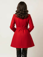 Red Wool-Blend Flare Coat With Belt For Women 2026